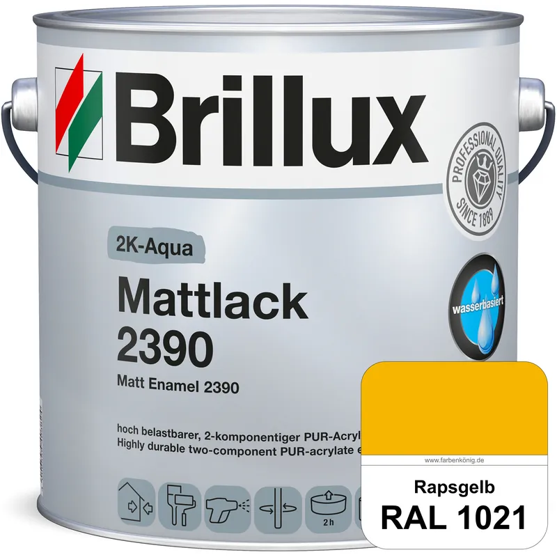 2K-Aqua Mattlack 2390 (RAL 1021 Rapsgelb) mechanisch und chemisch hoch belastbar für außen & innen Neue Ware